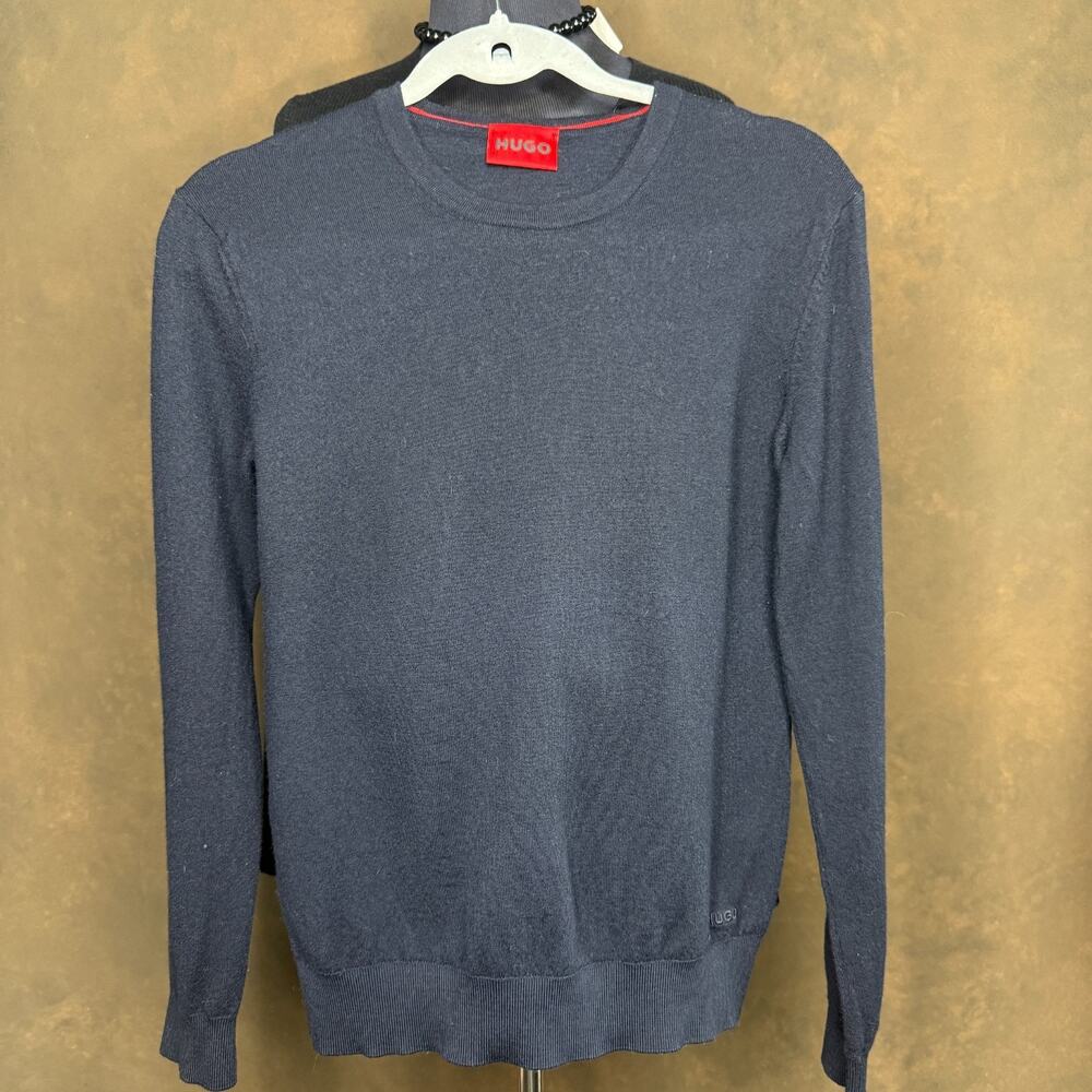 HUGO Boss Men’s L Wool Crewneck Sweater Navy 100% Wool Lightweight Knit Slim Fit